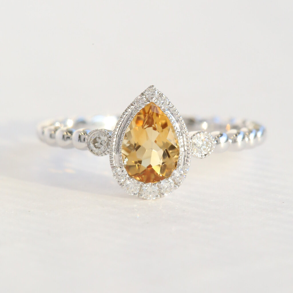 American Jewelry 14k White Gold .69ct Citrine .12ctw Diamond Accent Milgrain Pear Beaded Ring