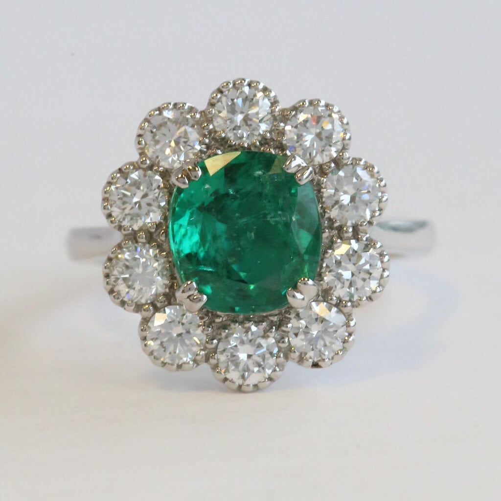 American Jewelry 18k White Gold 2.19ct Emerald 1.36ctw Diamond Halo Ring