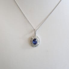 American Jewelry 18k White Gold .83ct Sapphire .48ctw Diamond Baguette Ballerina Halo Necklace