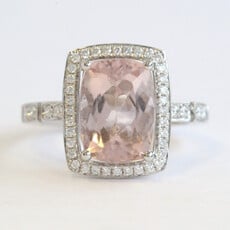 American Jewelry 18k White Gold 3.47ct Morganite .28ctw Diamond Elongated Cushion Halo Ring
