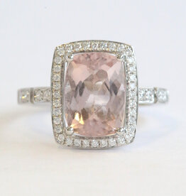 American Jewelry 18k White Gold 3.47ct Morganite .28ctw Diamond Elongated Cushion Halo Ring