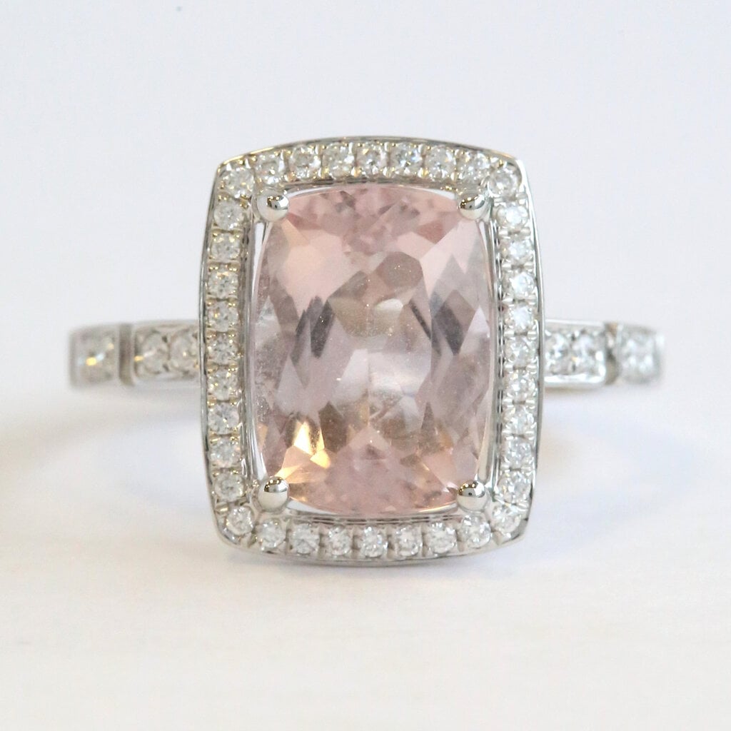 American Jewelry 18k White Gold 3.47ct Morganite .28ctw Diamond Elongated Cushion Halo Ring