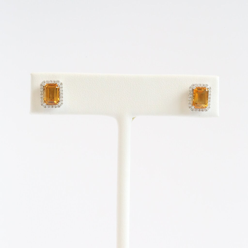 American Jewelry 18k White Gold 2.06ctw Citrine .20ctw Diamond Emerald Cut Halo Stud Earrings