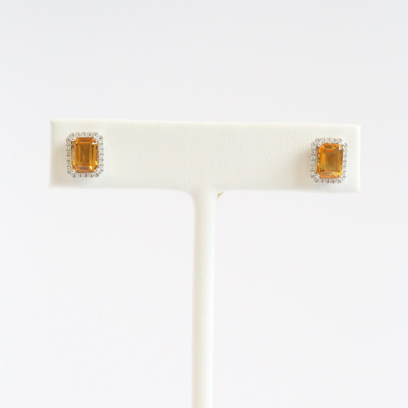 American Jewelry 18k White Gold 2.06ctw Citrine .20ctw Diamond Emerald Cut Halo Stud Earrings