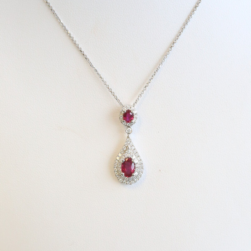 American Jewelry 18k White Gold .89ctw Ruby .36ctw Diamond Dangle Necklace