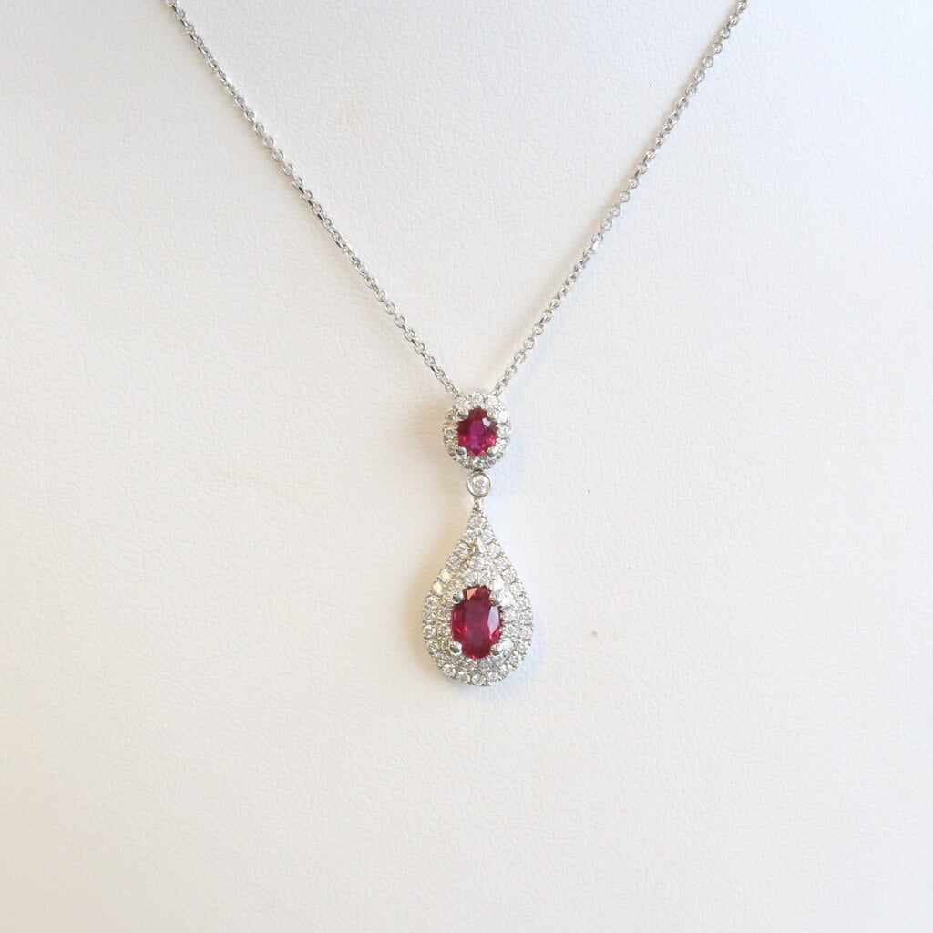 American Jewelry 18k White Gold .89ctw Ruby .36ctw Diamond Dangle Necklace