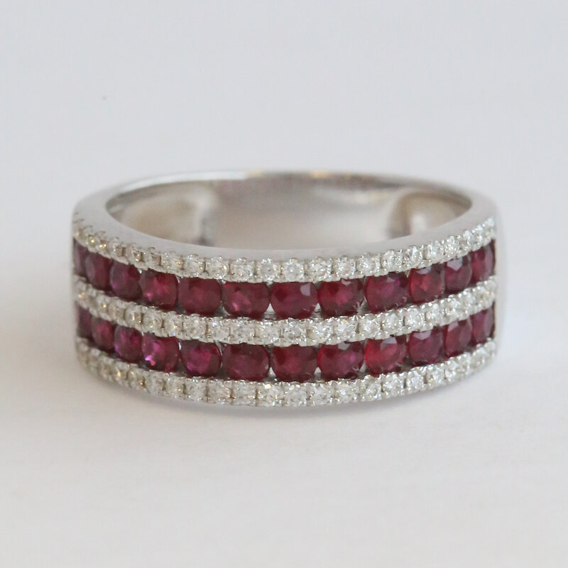 American Jewelry 18k White Gold 1.36ctw Ruby .33ctw Diamond Band 5 Row Ring