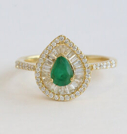 American Jewelry 18k Yellow Gold .44ct Emerald .48ctw DIamond Baguette Pear Halo Ring