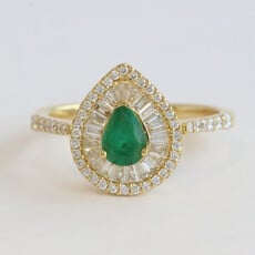 American Jewelry 18k Yellow Gold .44ct Emerald .48ctw DIamond Baguette Pear Halo Ring