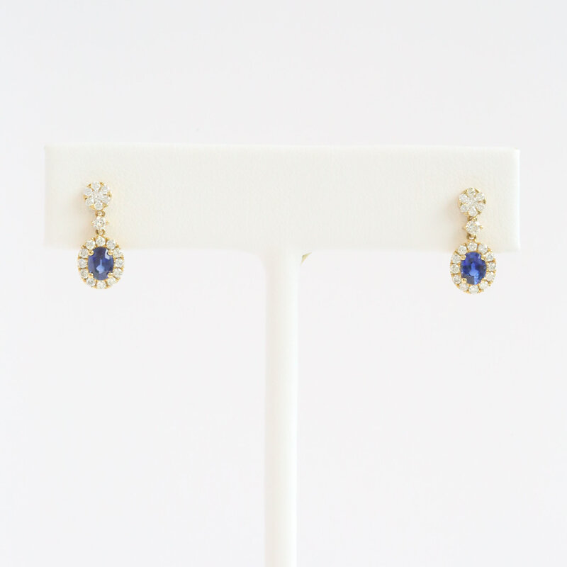 American Jewelry 18k Yellow Gold .43ctw Diamond .62ctw Sapphire Mini Dangle Earrings