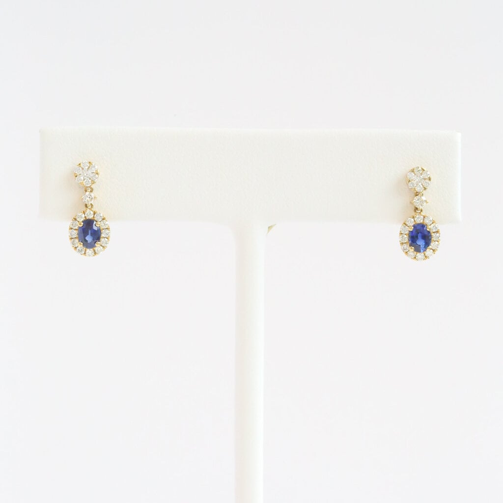 American Jewelry 18k Yellow Gold .43ctw Diamond .62ctw Sapphire Mini Dangle Earrings