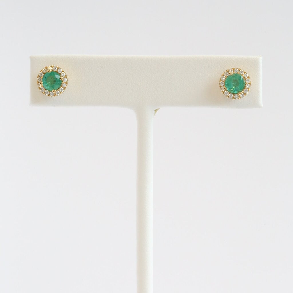 American Jewelry 18k Yellow Gold 1.11ct Emerald .26ctw Diamond Oval Halo Earrings