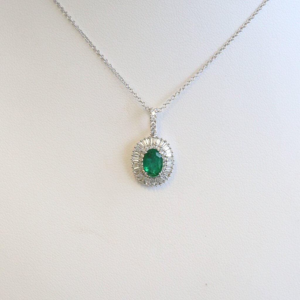American Jewelry 18k White Gold .75ct Emerald .47ctw Diamond Oval Halo Necklace