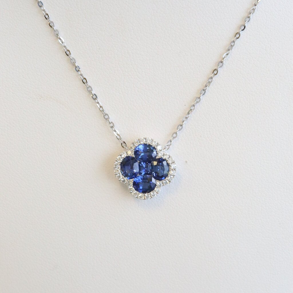 American Jewelry 18k White Gold 1.88ctw Sapphire .25ctw Diamond Clover Necklace