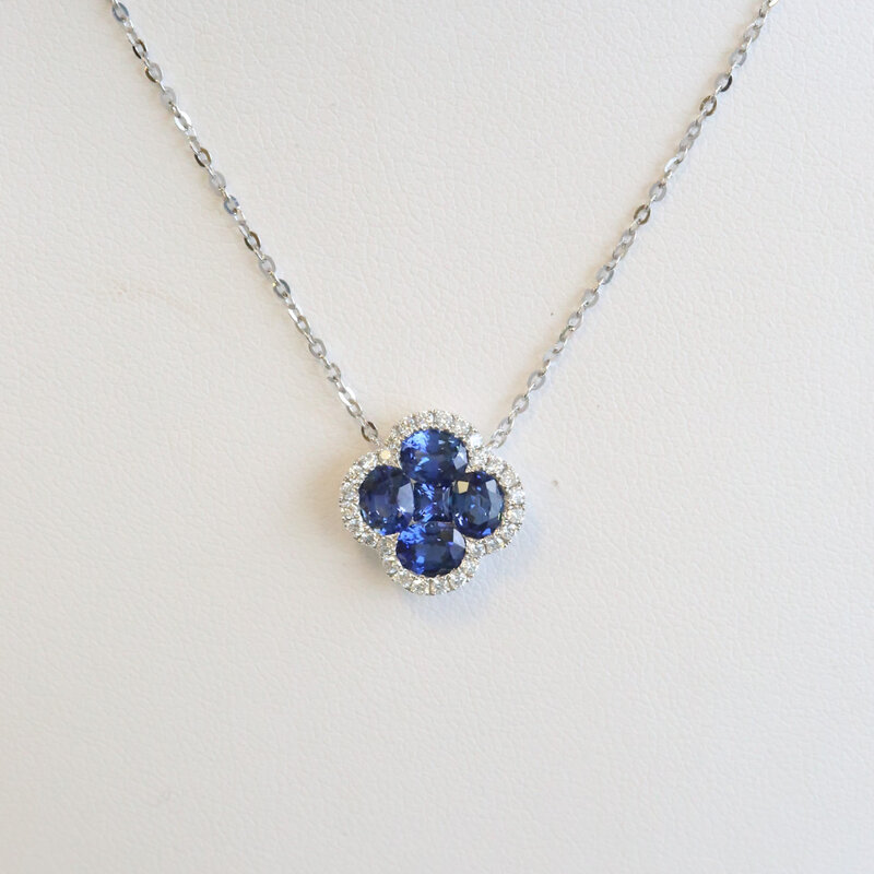 American Jewelry 18k White Gold 1.88ctw Sapphire .25ctw Diamond Clover Necklace