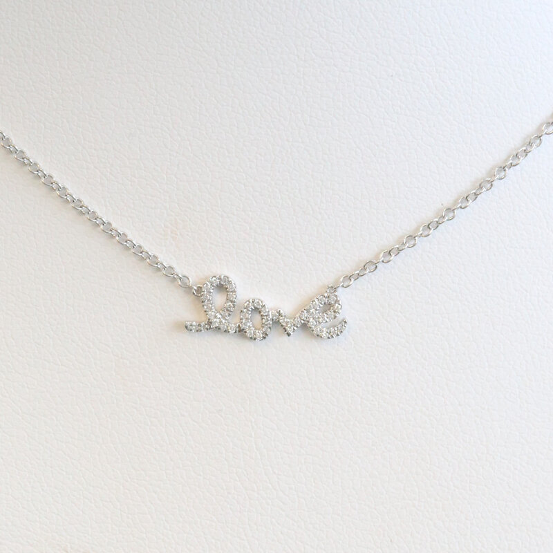 American Jewelry 18k White Gold .07ctw Diamond Cursive Love Necklace
