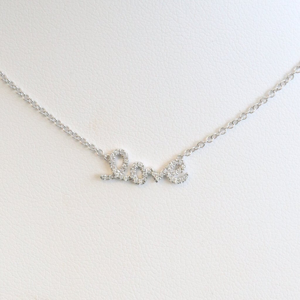 American Jewelry 18k White Gold .07ctw Diamond Cursive Love Necklace