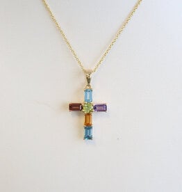 American Jewelry 14k Yellow Gold Blue Topaz, Citrine, Peridot, Garnet, Amethyst Cross Necklace