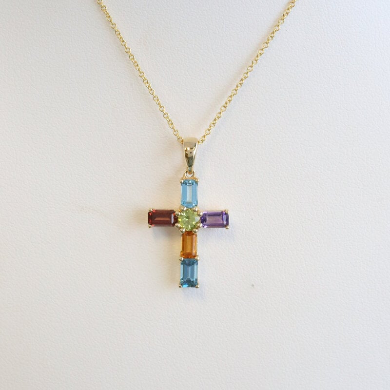 American Jewelry 14k Yellow Gold Blue Topaz, Citrine, Peridot, Garnet, Amethyst Cross Necklace