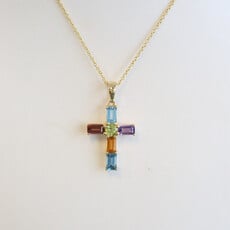 American Jewelry 14k Yellow Gold Blue Topaz, Citrine, Peridot, Garnet, Amethyst Cross Necklace