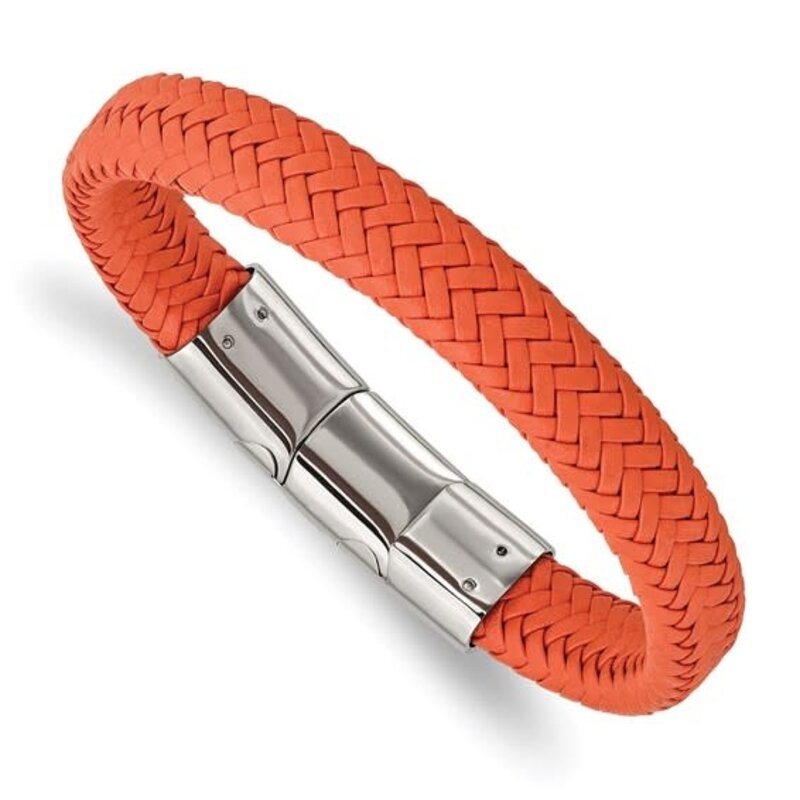 Chisel Stainless Steel Orange Braided Leather Mens Bracelet (8")