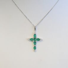 American Jewelry 14k White Gold 1.47ctw Emerald .20ctw Diamond Cross Necklace