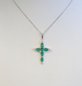 American Jewelry 14k White Gold 1.47ctw Emerald .20ctw Diamond Cross Necklace