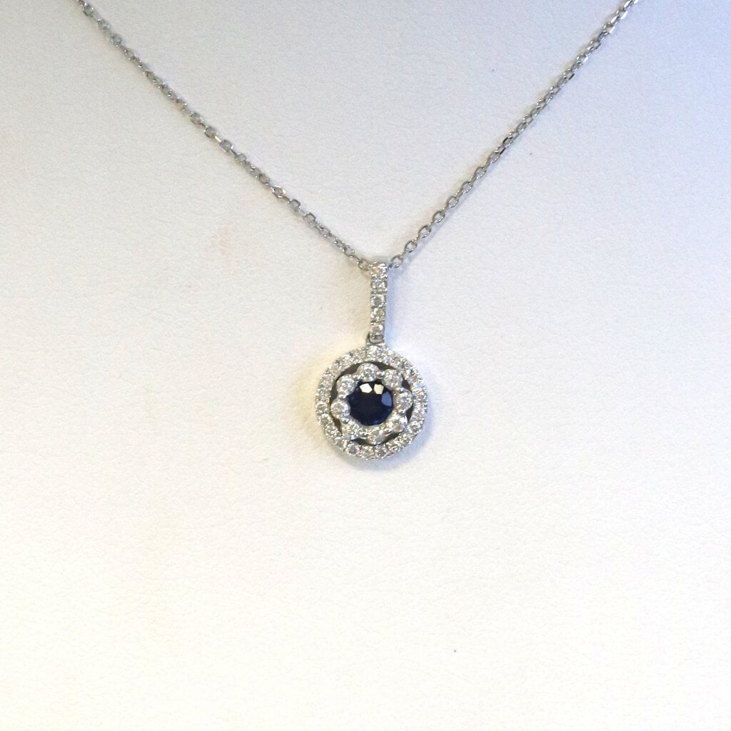 American Jewelry 14k White Gold .28ct Sapphire .34ctw Diamond Double Halo Necklace