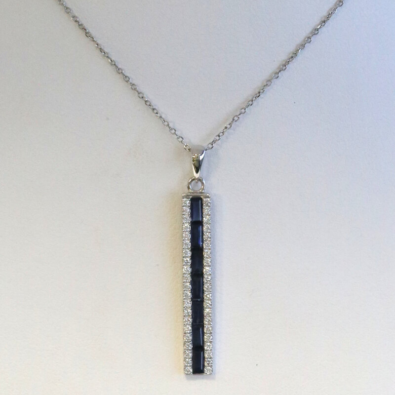 American Jewelry 14k White Gold .96ctw Sapphire .27ctw Diamond Bar Necklace