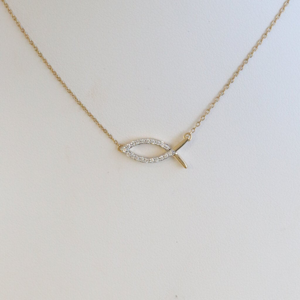 American Jewelry 14k Yellow Gold .08ctw Diamond Accent Christian Fish Necklace
