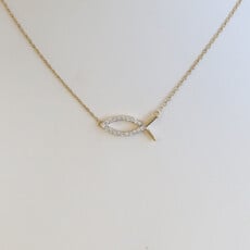 American Jewelry 14k Yellow Gold .08ctw Diamond Accent Christian Fish Necklace