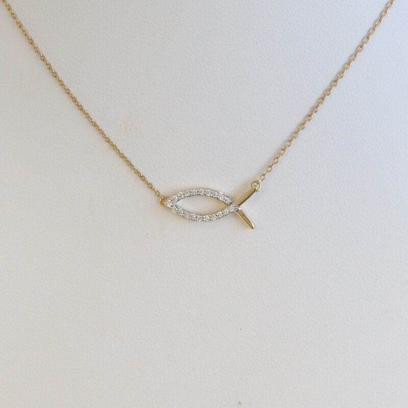 American Jewelry 14k Yellow Gold .08ctw Diamond Accent Christian Fish Necklace
