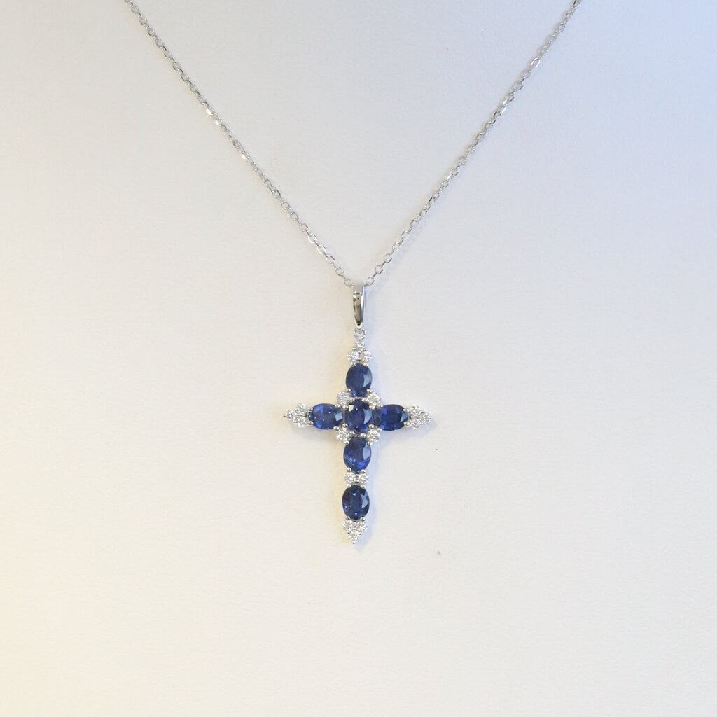 American Jewelry 14k White Gold 1.47ctw Sapphire .20ctw Diamond Cross Necklace