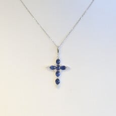 American Jewelry 14k White Gold 1.47ctw Sapphire .20ctw Diamond Cross Necklace