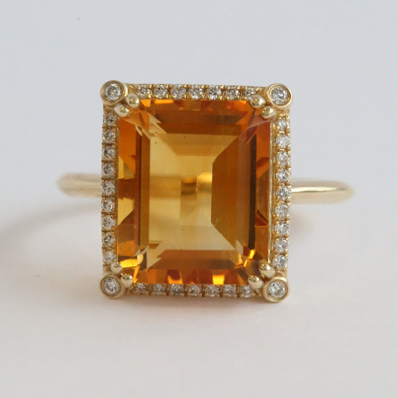 American Jewelry 14k Yellow Gold 6.09ct Citrine .17ctw Diamond Emerald Cut Halo Ring