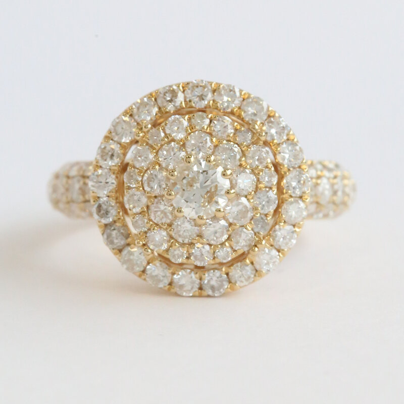 American Jewelry 14k Yellow Gold 2.5ctw Diamond Triple Round Halo Engagement Ring