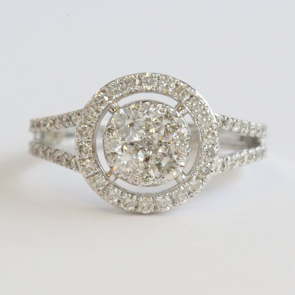 American Jewelry 14k White Gold .97ctw Diamond Cluster Halo Split Shank Ring