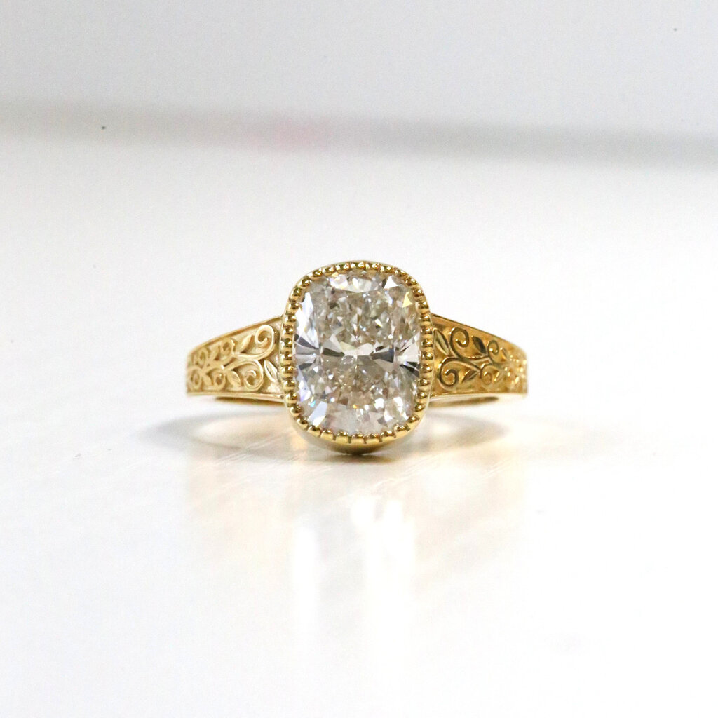 American Jewelry 14K Yellow Gold 3.03ct E/VS1 IGI Lab Grown Elongated Cushion Milgrain Art Deco Engagement Ring