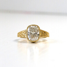 American Jewelry 14K Yellow Gold 3.03ct E/VS1 IGI Lab Grown Elongated Cushion Milgrain Art Deco Engagement Ring