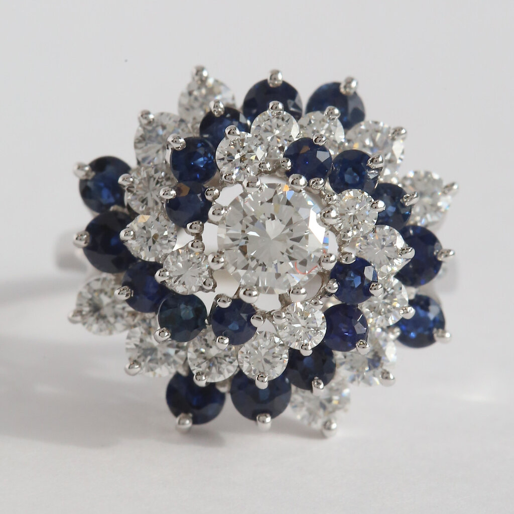 American Jewelry ESTATE 14k White Gold 2.2ctw Sapphire 2.06ctw Diamond Dome Swirl Design Ring