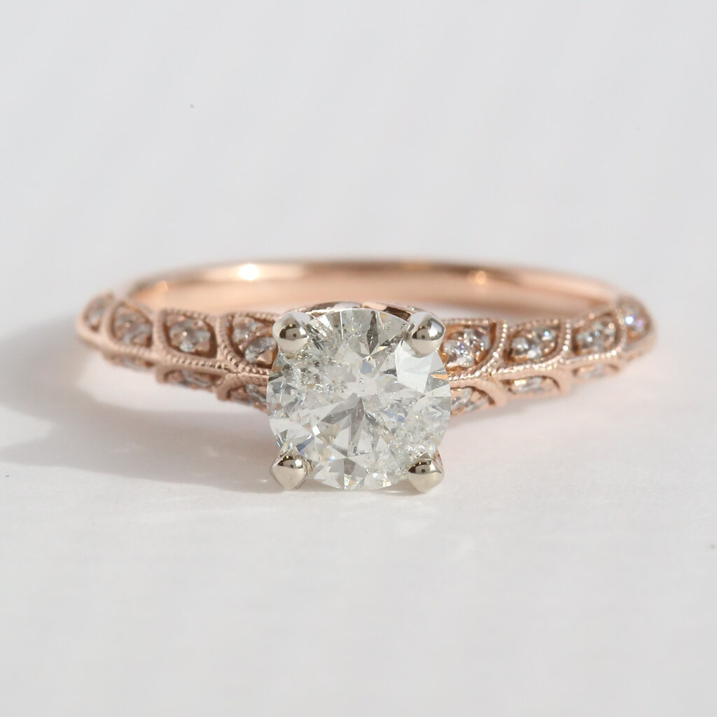 American Jewelry ESTATE 14k Rose Gold 1.11ctw (.91 GIA H/I3 Ctr) Accented Milgrain Solitaire Engagement Ring