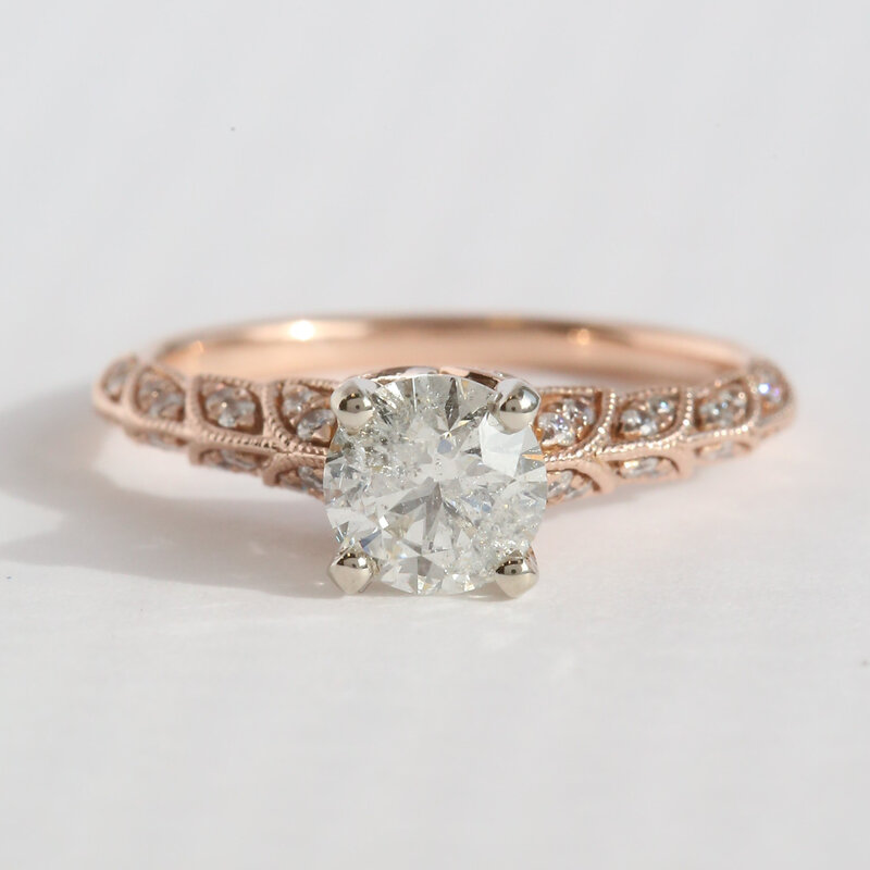 American Jewelry ESTATE 14k Rose Gold 1.11ctw (.91 GIA H/I3 Ctr) Accented Milgrain Solitaire Engagement Ring