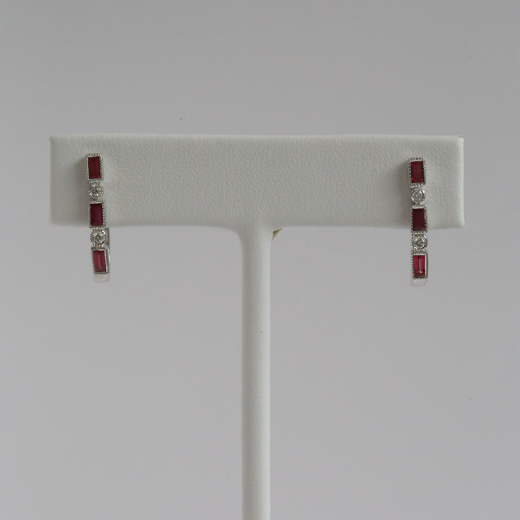 American Jewelry 14k White Gold .87ctw Ruby .12ctw Diamond Milgrain oval Hoop Earrings