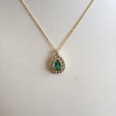 American Jewelry 14k Yellow Gold .43ct Emerald .15ctw Diamond Pear Halo Necklace