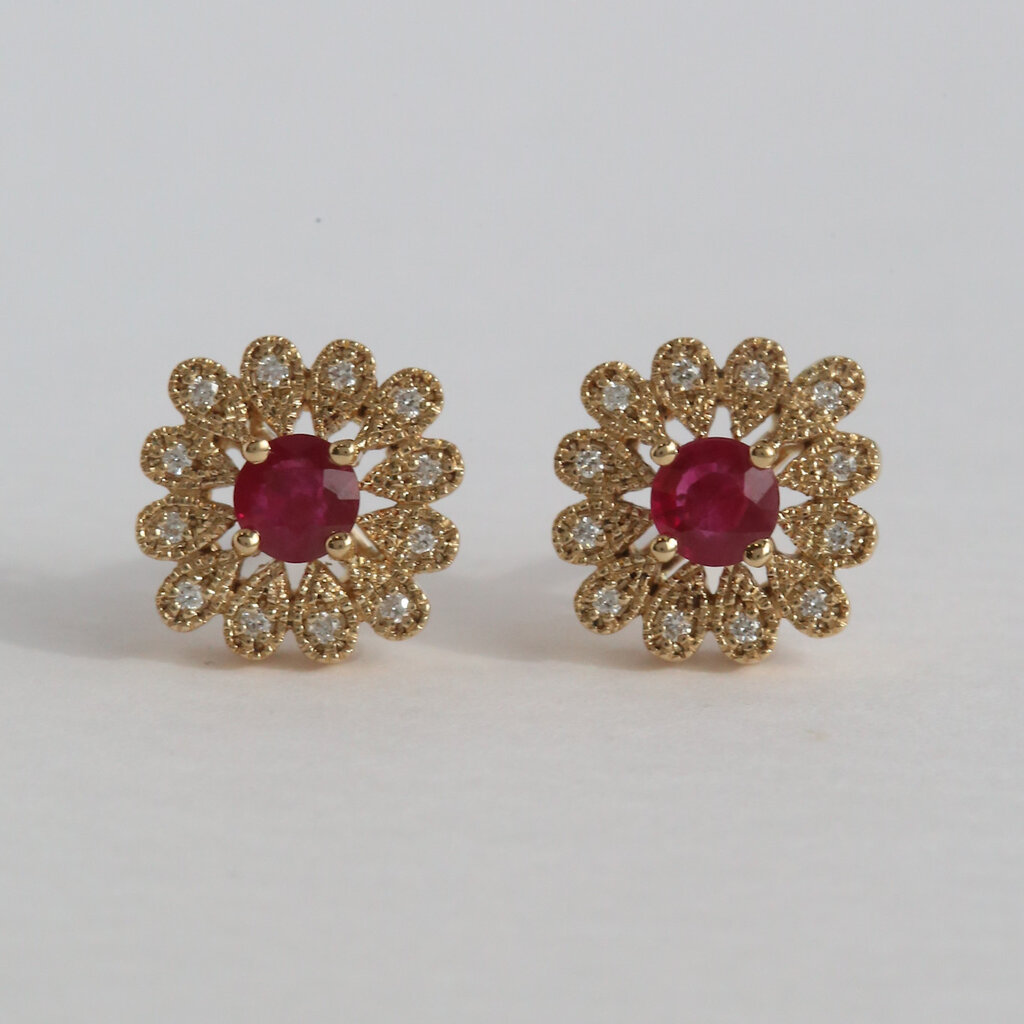 American Jewelry 14k Yellow Gold .70ctw Ruby .13ctw Diamond Milgrain Halo Stud Earrings