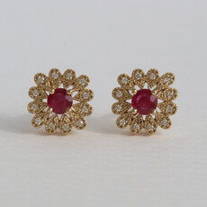 American Jewelry 14k Yellow Gold .70ctw Ruby .13ctw Diamond Milgrain Halo Stud Earrings