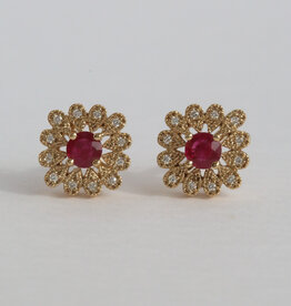 American Jewelry 14k Yellow Gold .70ctw Ruby .13ctw Diamond Milgrain Halo Stud Earrings