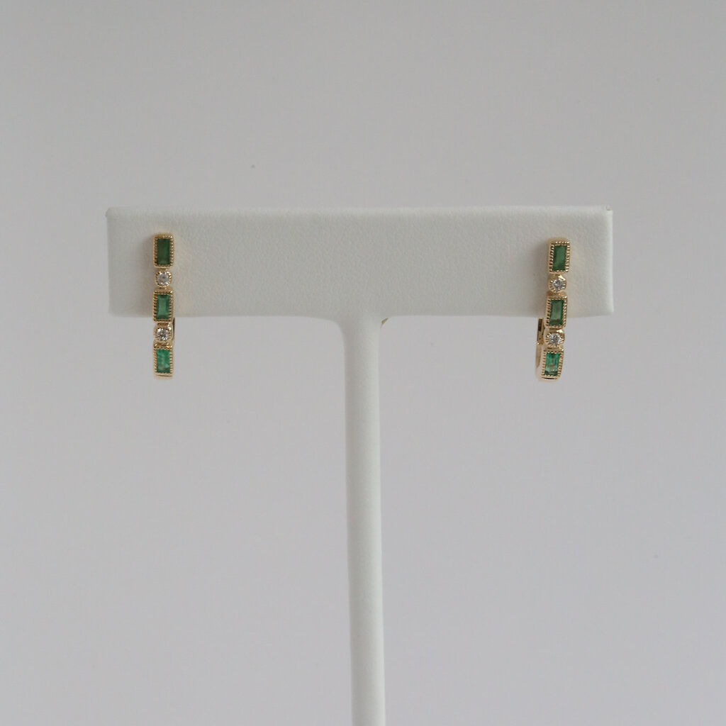American Jewelry 14k Yellow Gold .70ctw Emerald .12ctw Diamond Oval Hoop Earrings