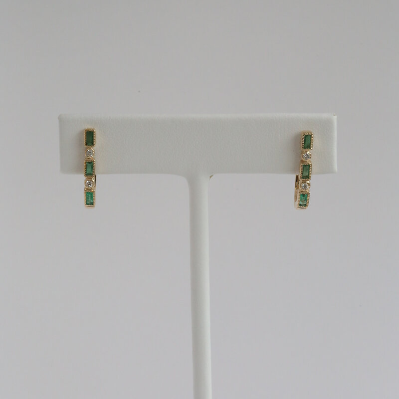 American Jewelry 14k Yellow Gold .70ctw Emerald .12ctw Diamond Oval Hoop Earrings