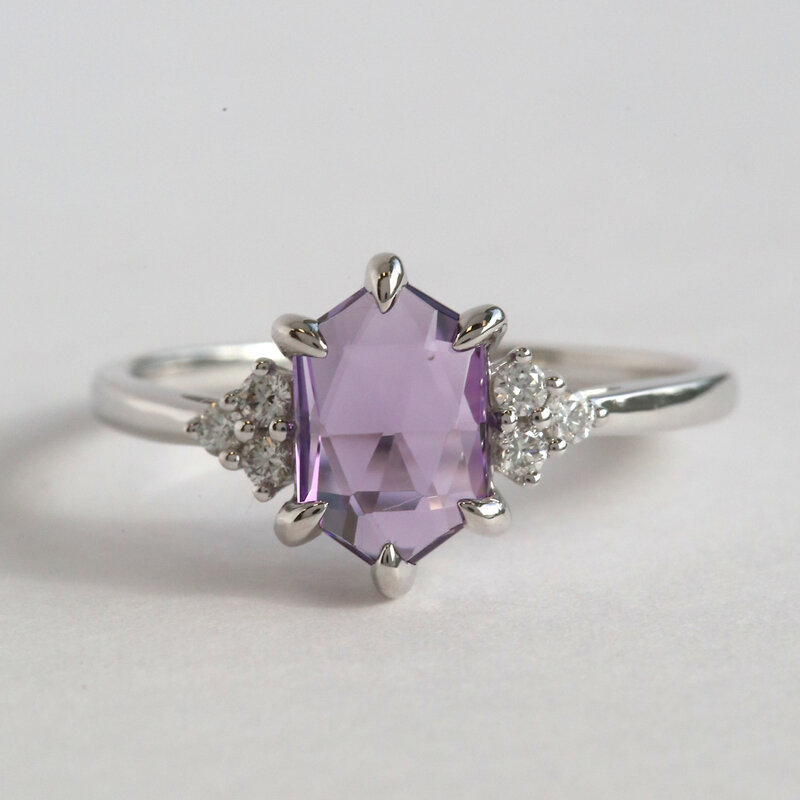 American Jewelry 14k White Gold 1.09ct Amethyst .12ctw Diamond Accent hexagon Ring